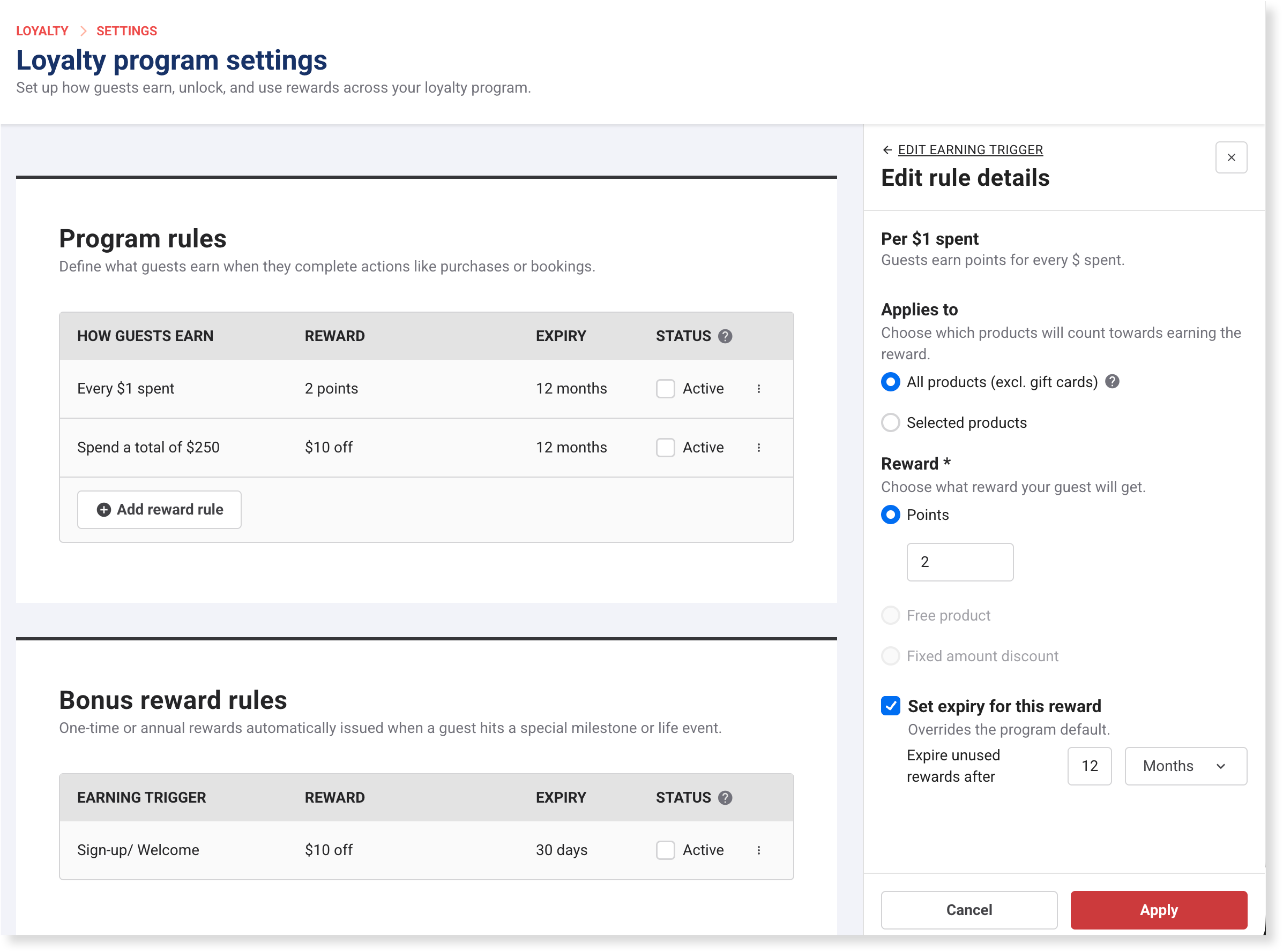 The Edit rule details panel for a Per $1 spent rule, showing the Applies to options and the Points earn rate field