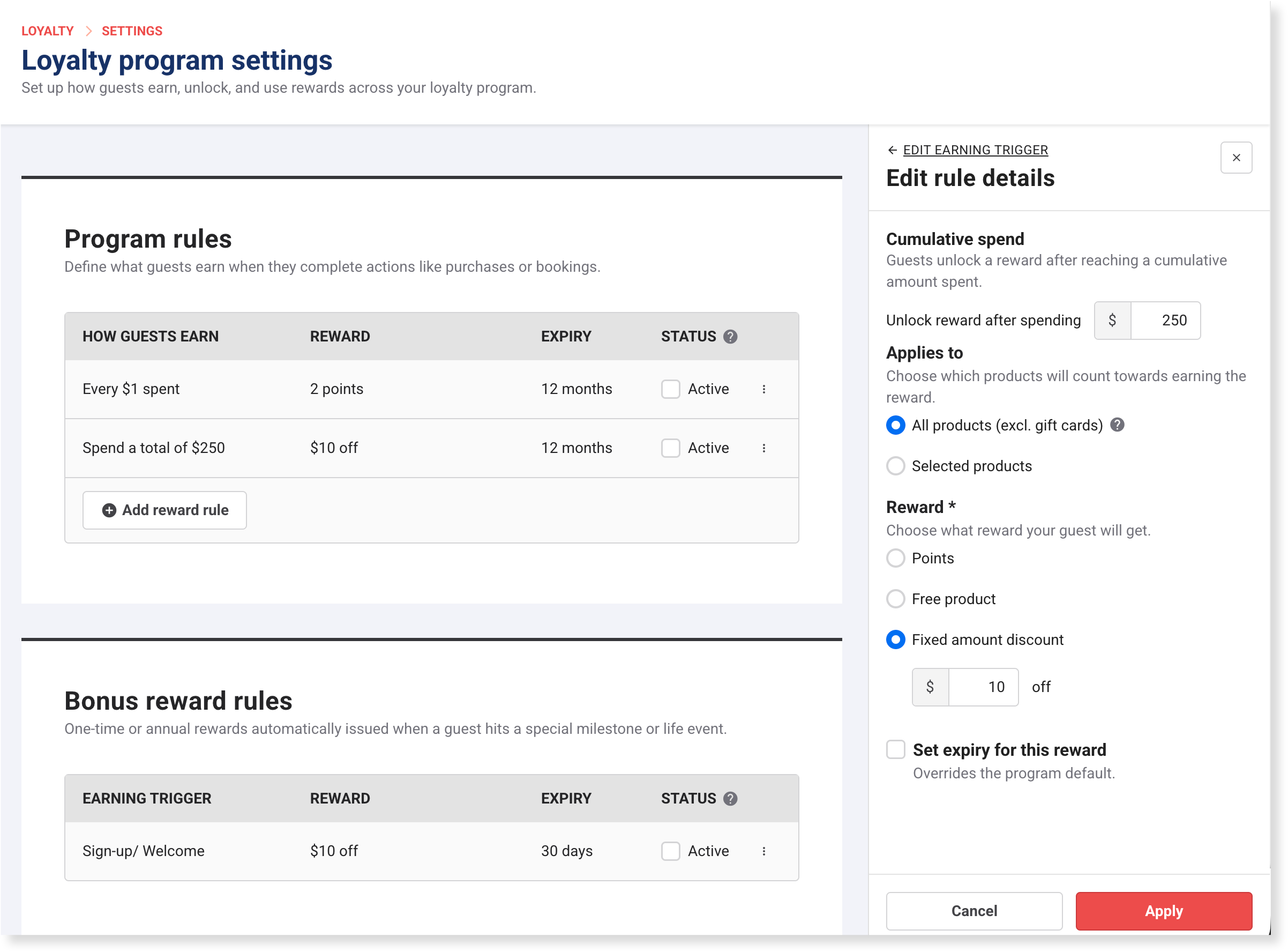 The Edit rule details panel for a Cumulative spend rule, showing the spend threshold, Applies to and Reward fields