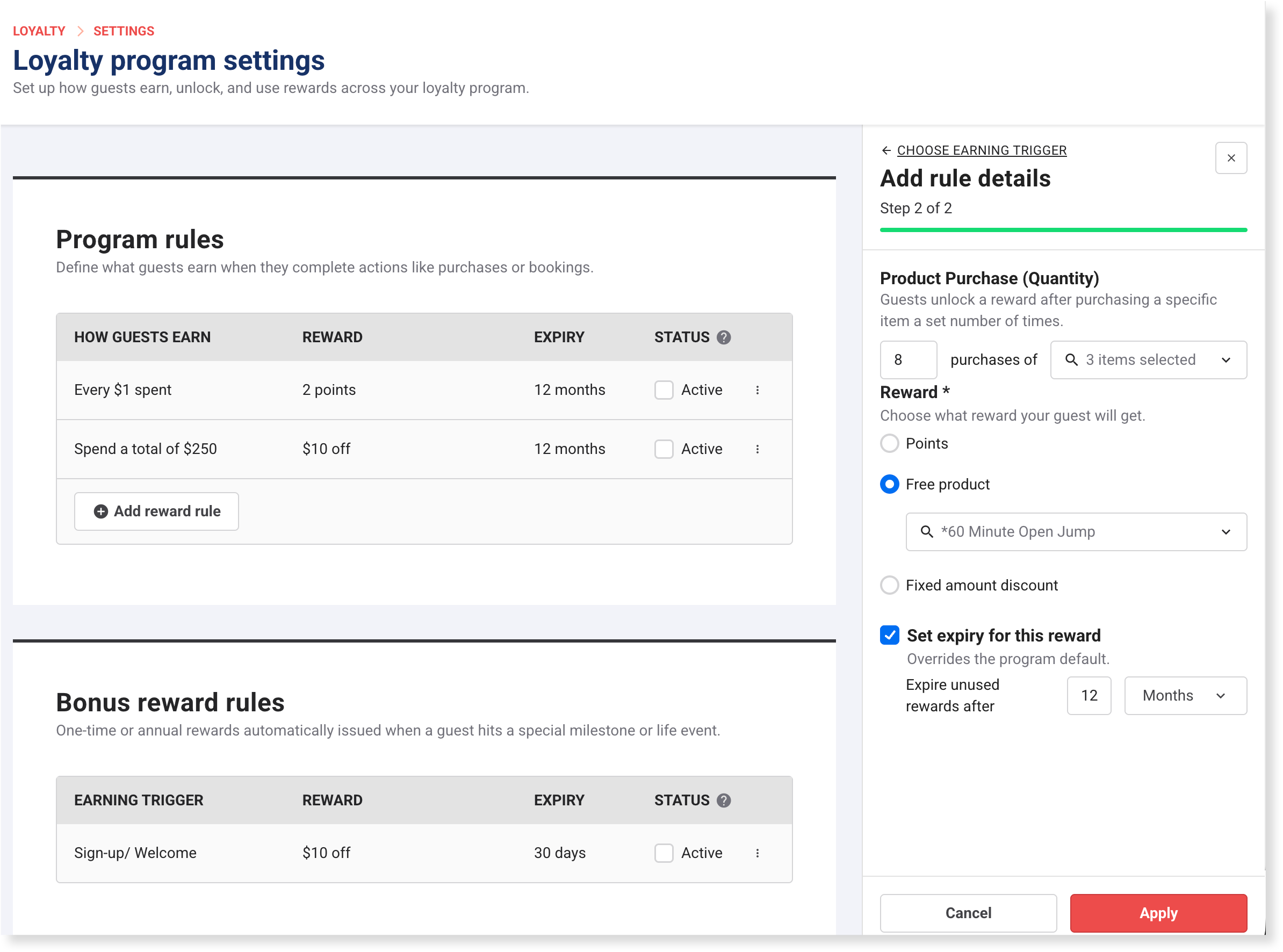 The Add rule details panel for a Product purchase rule, showing the purchase quantity, product selector and Reward fields